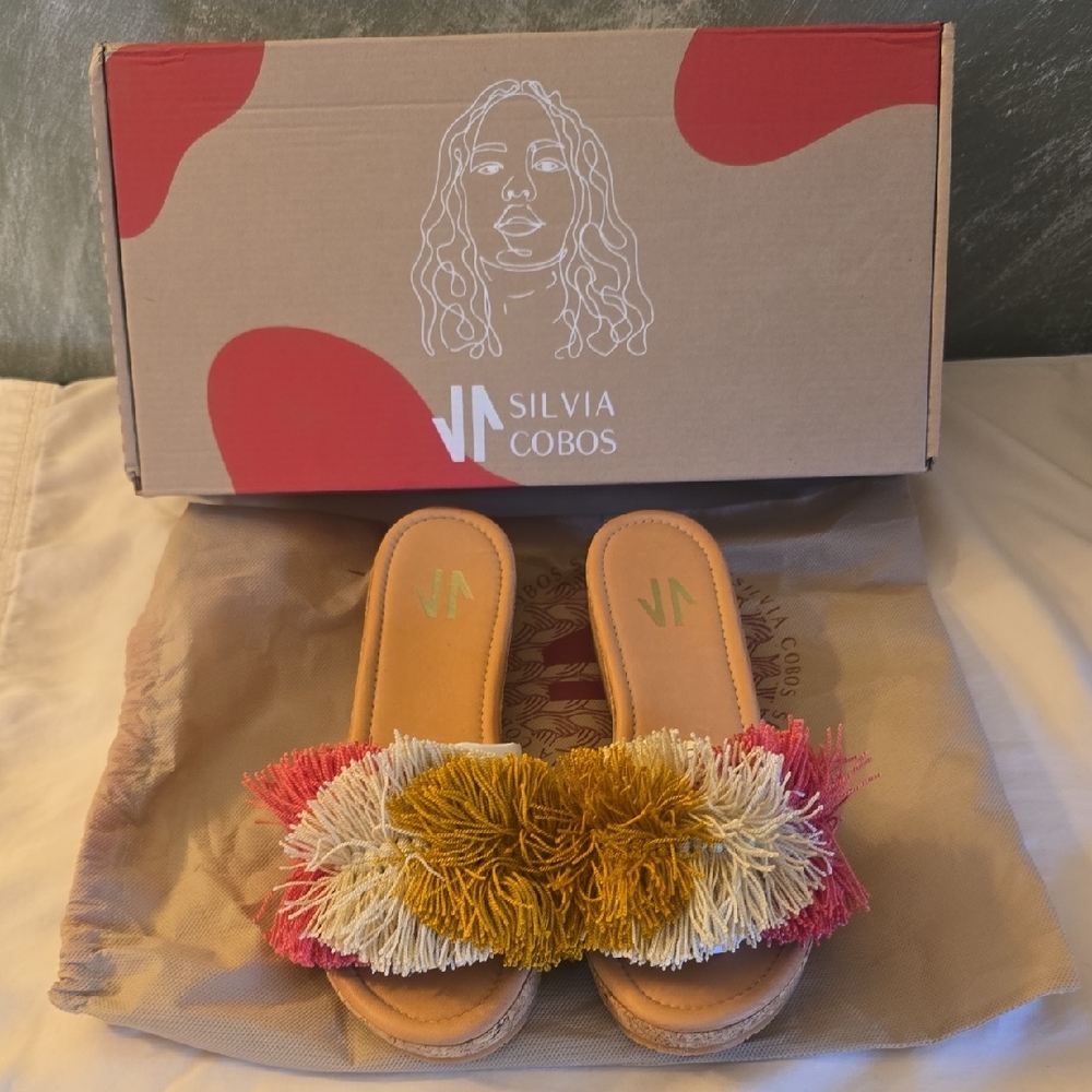 Silvia Cobos Mambo Tri-Color Fringe Wedge Slip-On Leather Sandals & Dust Bag New
